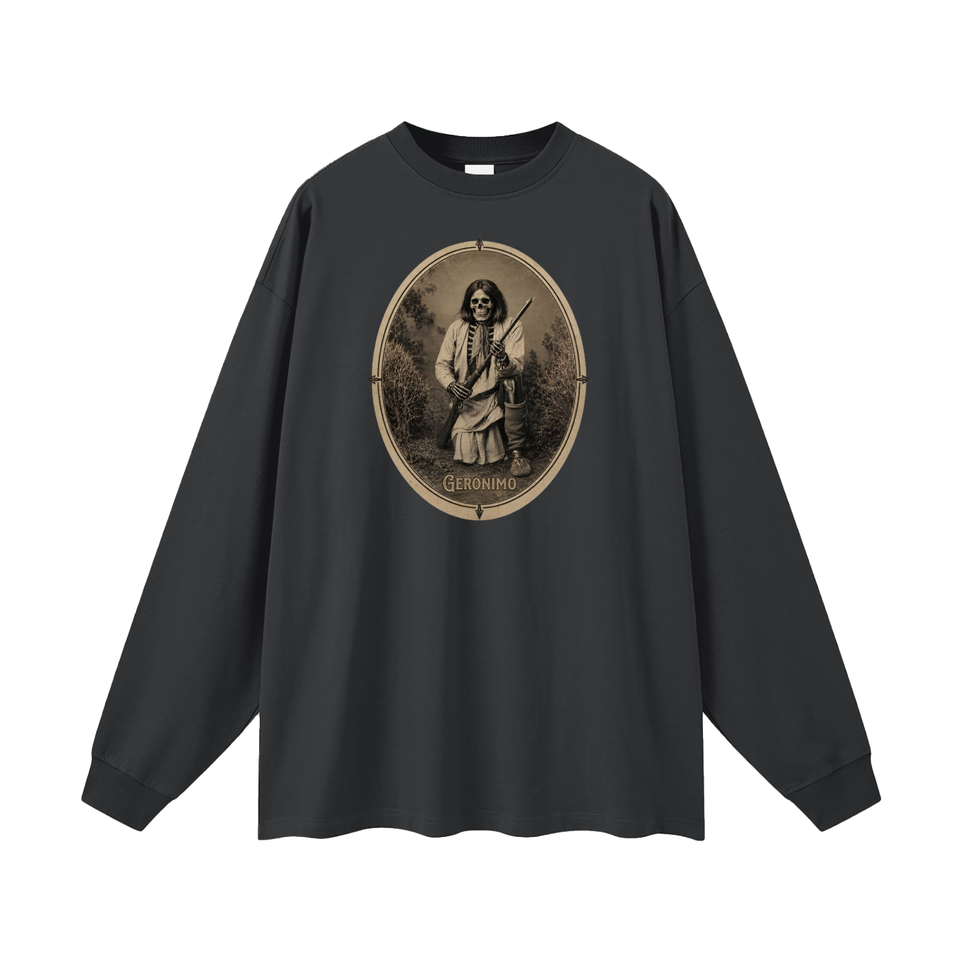 Geronimo warrior skeleton "Noble Savages" Oversized Black Long Sleeve T-shirt oversized  Long Sleeve T-Shirt