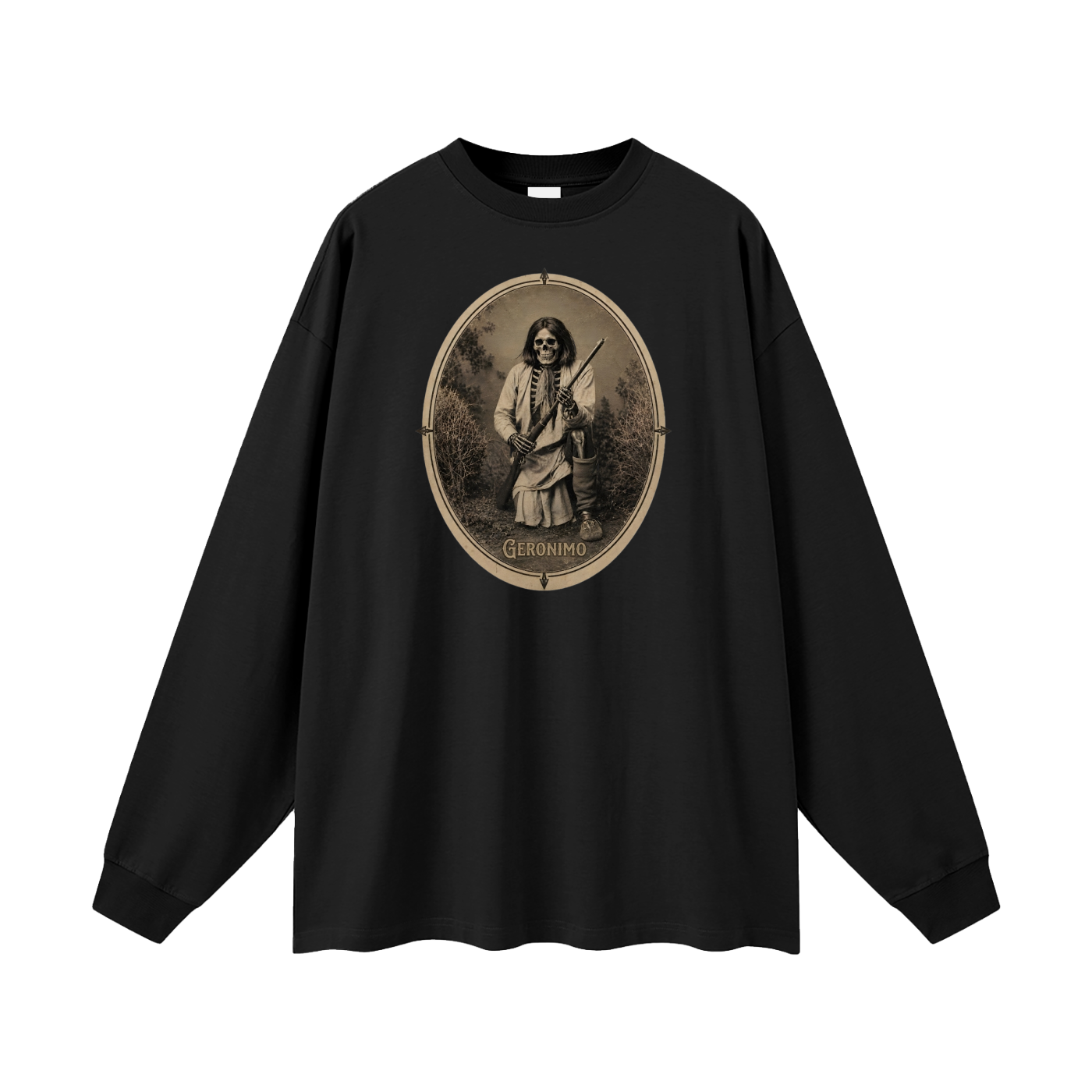 Geronimo warrior skeleton "Noble Savages" Oversized Black Long Sleeve T-shirt oversized  Long Sleeve T-Shirt
