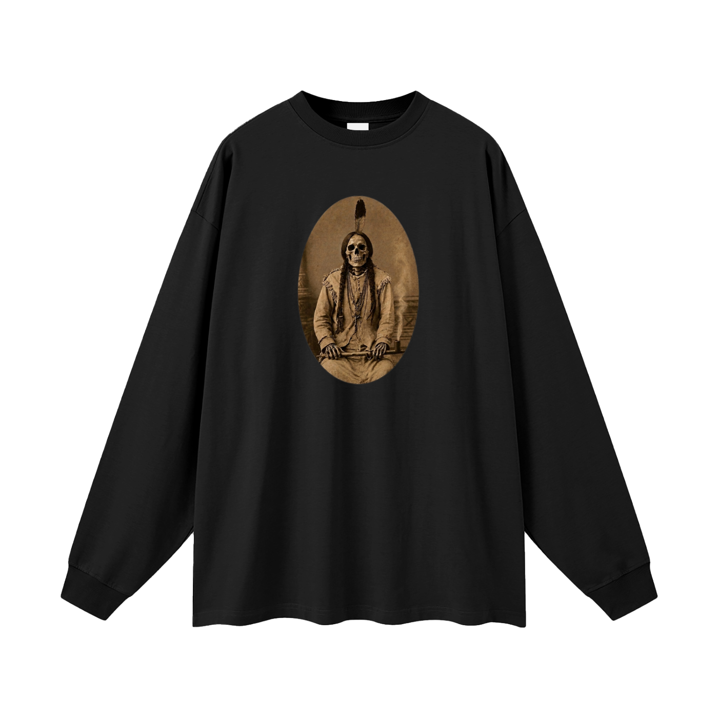 Sitting bull skeleton (image on front) Oversized  Long Sleeve T-Shirt Authentic Native Designed Skeleton Portrait Tee Shirt – Iipay Nation of Santa Ysabel Art
