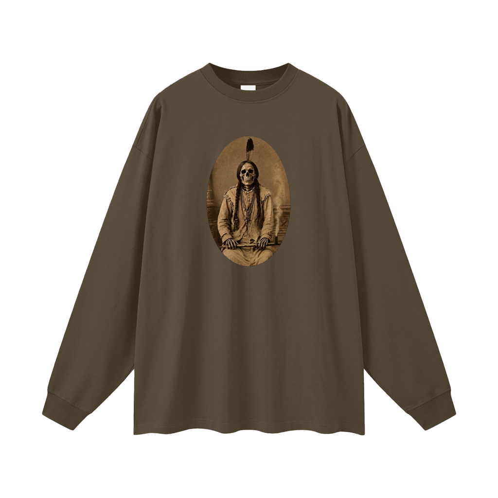 Sitting bull skeleton (image on front) Oversized  Long Sleeve T-Shirt Authentic Native Designed Skeleton Portrait Tee Shirt – Iipay Nation of Santa Ysabel Art