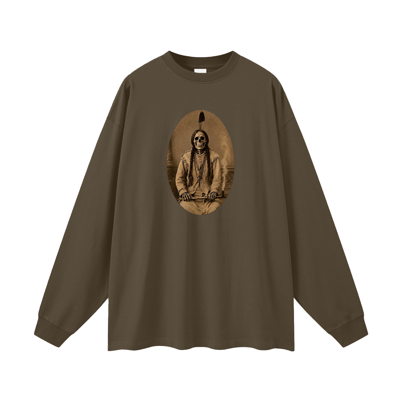 Sitting bull skeleton (image on front) Oversized  Long Sleeve T-Shirt Authentic Native Designed Skeleton Portrait Tee Shirt – Iipay Nation of Santa Ysabel Art